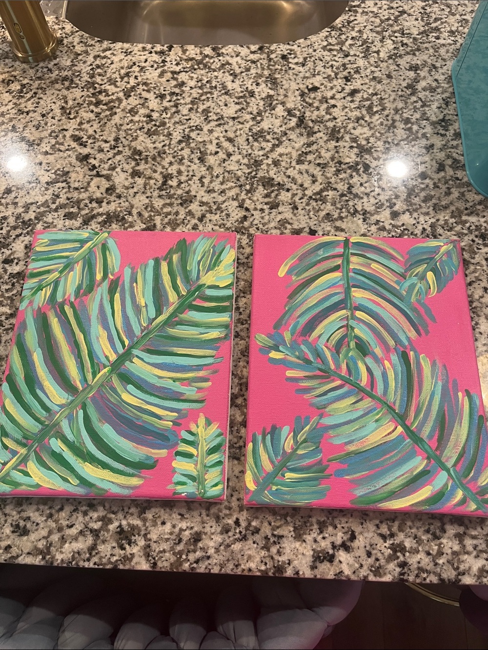 Tropical Palm Leaf Acrylic Pair on Pink Canvas